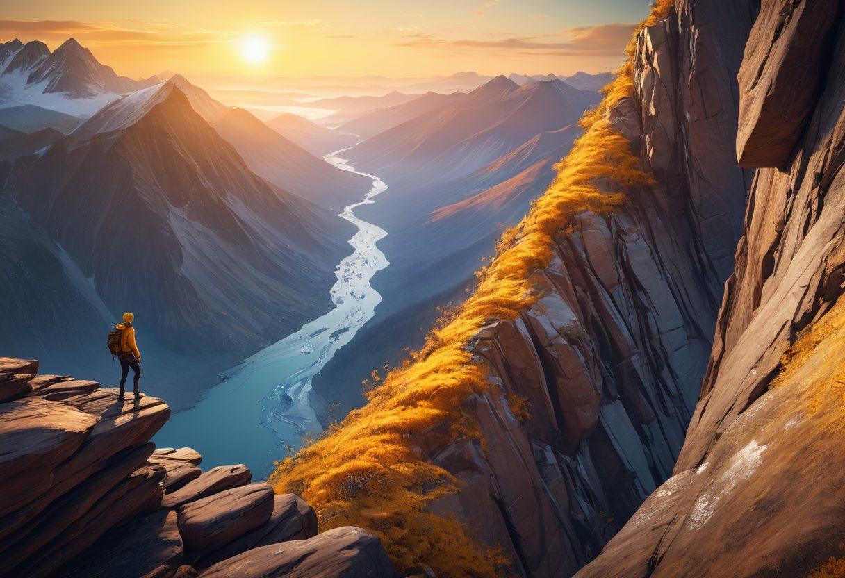 A determined person climbing a steep mountain, symbolizing the relentless pursuit of success, with a sunrise in the background representing hope and new beginnings. The figure should be depicted with an intense expression, showcasing strength and resilience. Surrounding the scene are motivational words flowing like a river, emphasizing an unyielding mindset. The color palette should include warm yellows and cool blues to create a balanced, inspiring atmosphere. super-realistic. vibrant colors. 3D.