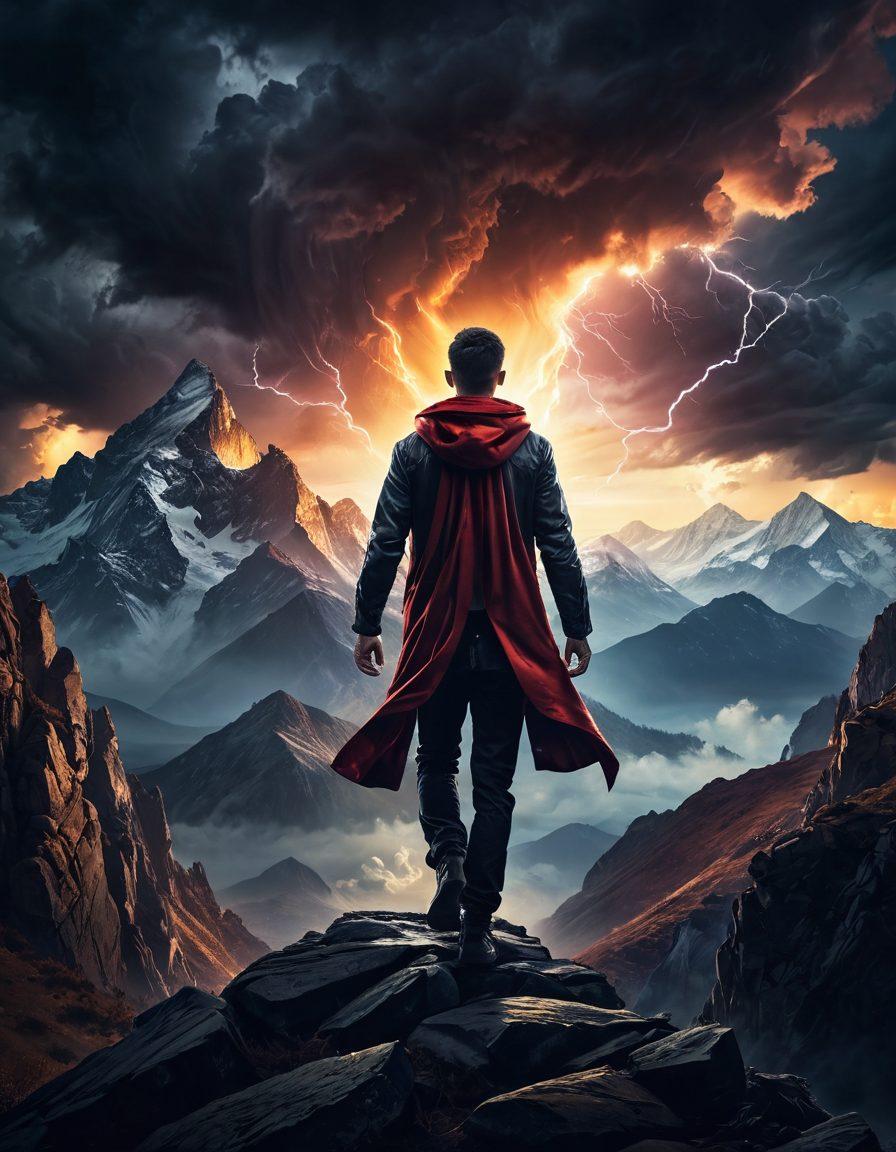 A determined person standing strong against a fierce wind, embodying resilience and stubbornness, with a glowing light of success in the background. Surround them with symbolic representations of challenges, like mountains and storms, showcasing the power of an unyielding mindset. The sky transitions from dark to bright, symbolizing hope and achievement. super-realistic. vibrant colors. dramatic landscape.