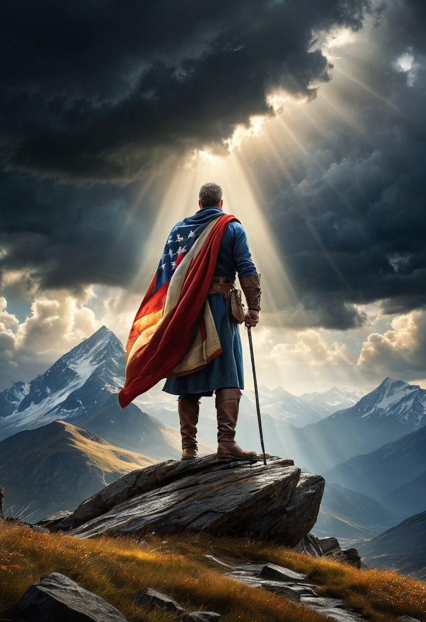 A powerful leader standing confidently at the forefront of a rugged mountain landscape, embodying strength and resilience, with a determined expression. The sky is dramatic, filled with stormy clouds that soon part to reveal rays of sunlight, symbolizing triumph over adversity. Include elements like a flag waving in the wind to signify leadership and victory. super-realistic. vibrant colors. epic landscape.